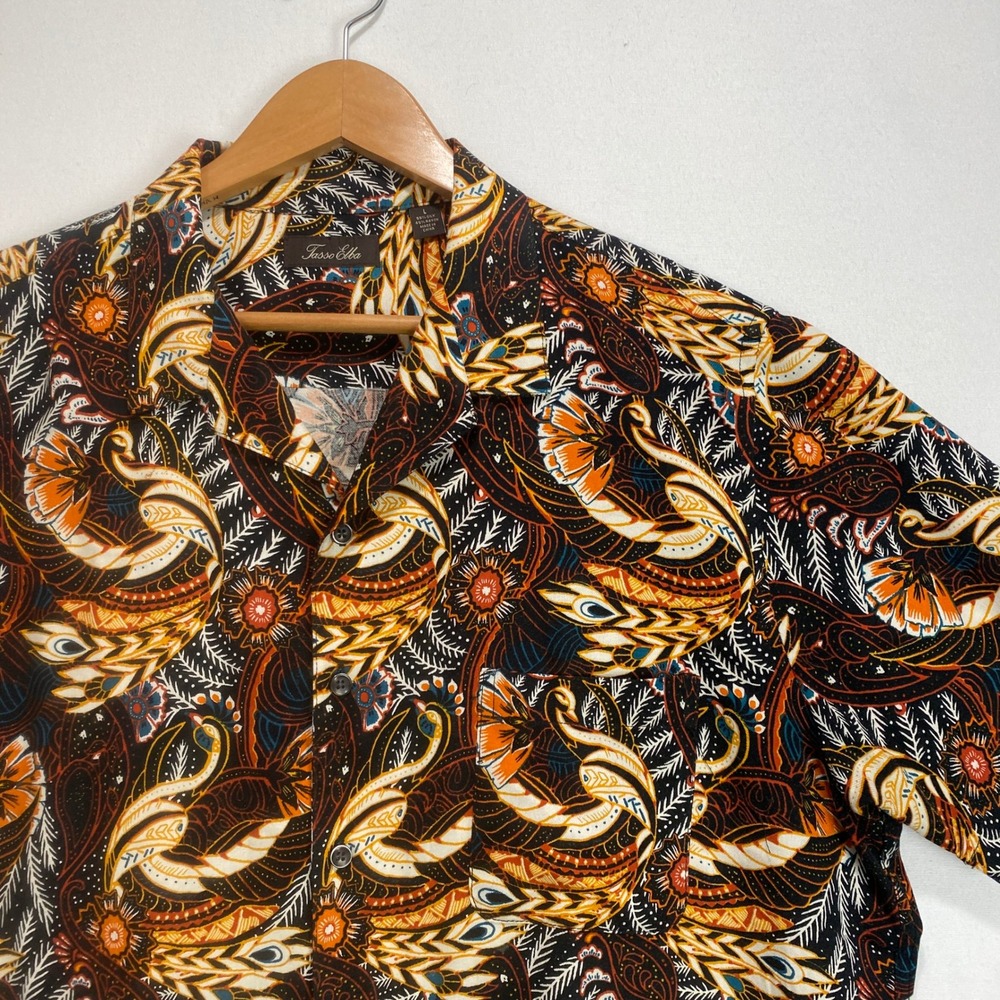 Tasso Elba Mens Button Down Shirt Sz L Silk Rayon Abstract‎ Peacock Print